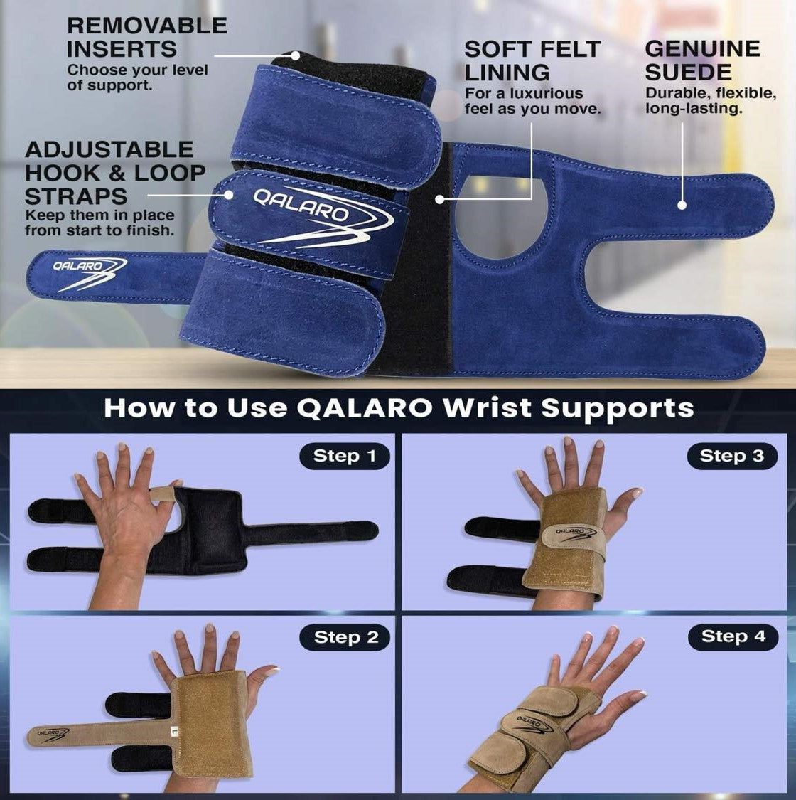 QALARO Suede Wrist Supports (Pair) - Navy Blue