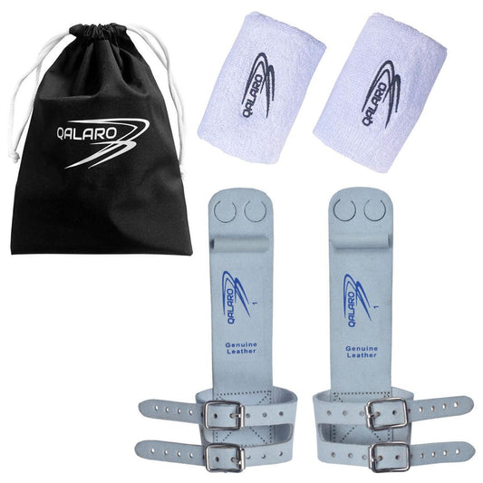 QALARO Double Buckle POWER Grips for Girl's Gymnastics with White Cotton Wristbands and Gripbag