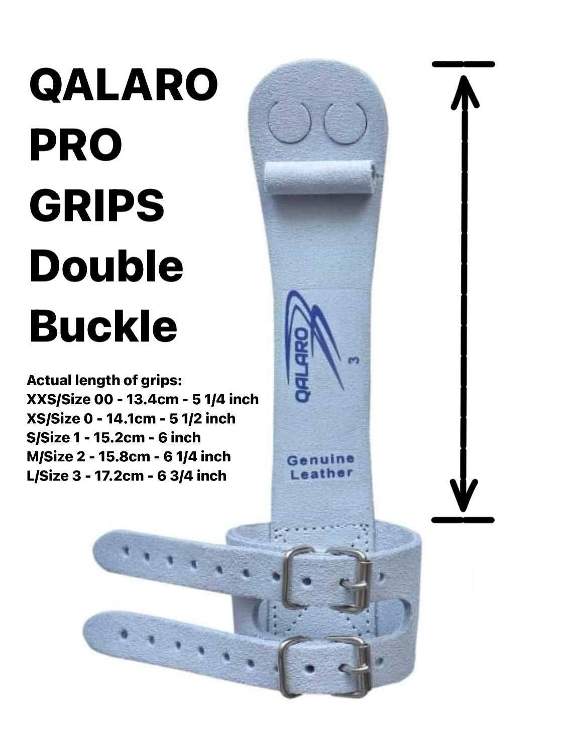 QALARO PRO Double Buckle Grips for Girl's Gymnastics with White Cotton Wristbands and Gripbag